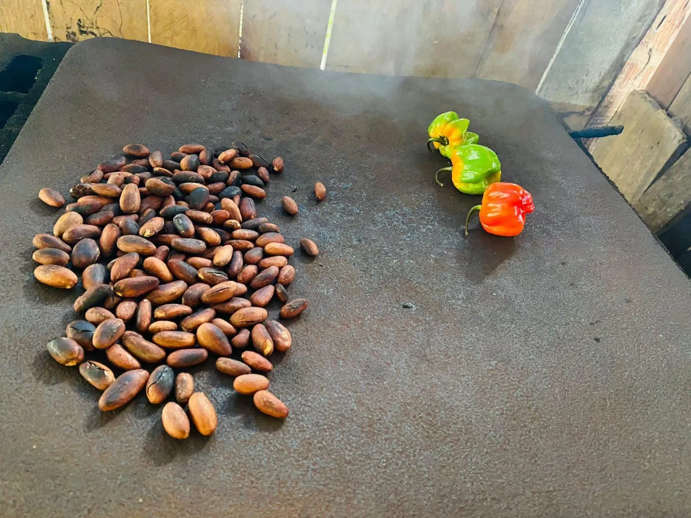 Cacao beans roasting on a traditional comal over the hearth