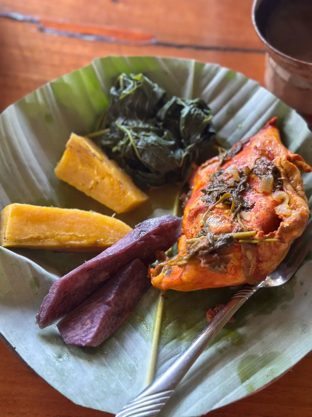 A traditional Maya meal served on a fresh banana leaf